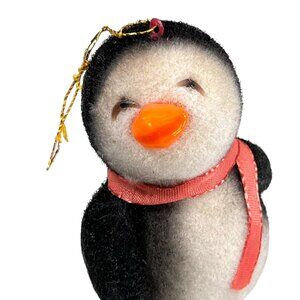 Vtg Flocked Fuzzy Penguin Ornament Scarf 3.5 in Orange Plastic Feet Beak